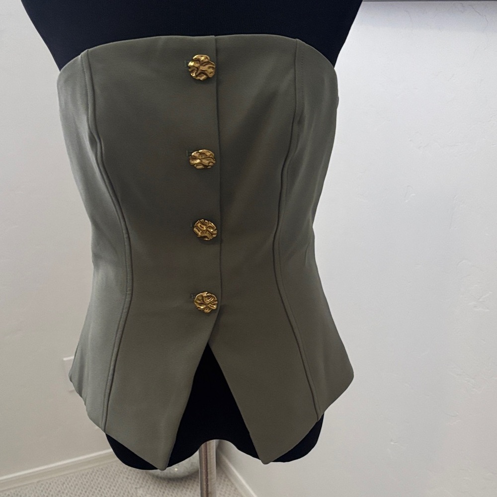 Express Olive Green tailored strapless top with Gold Accents. Size 4